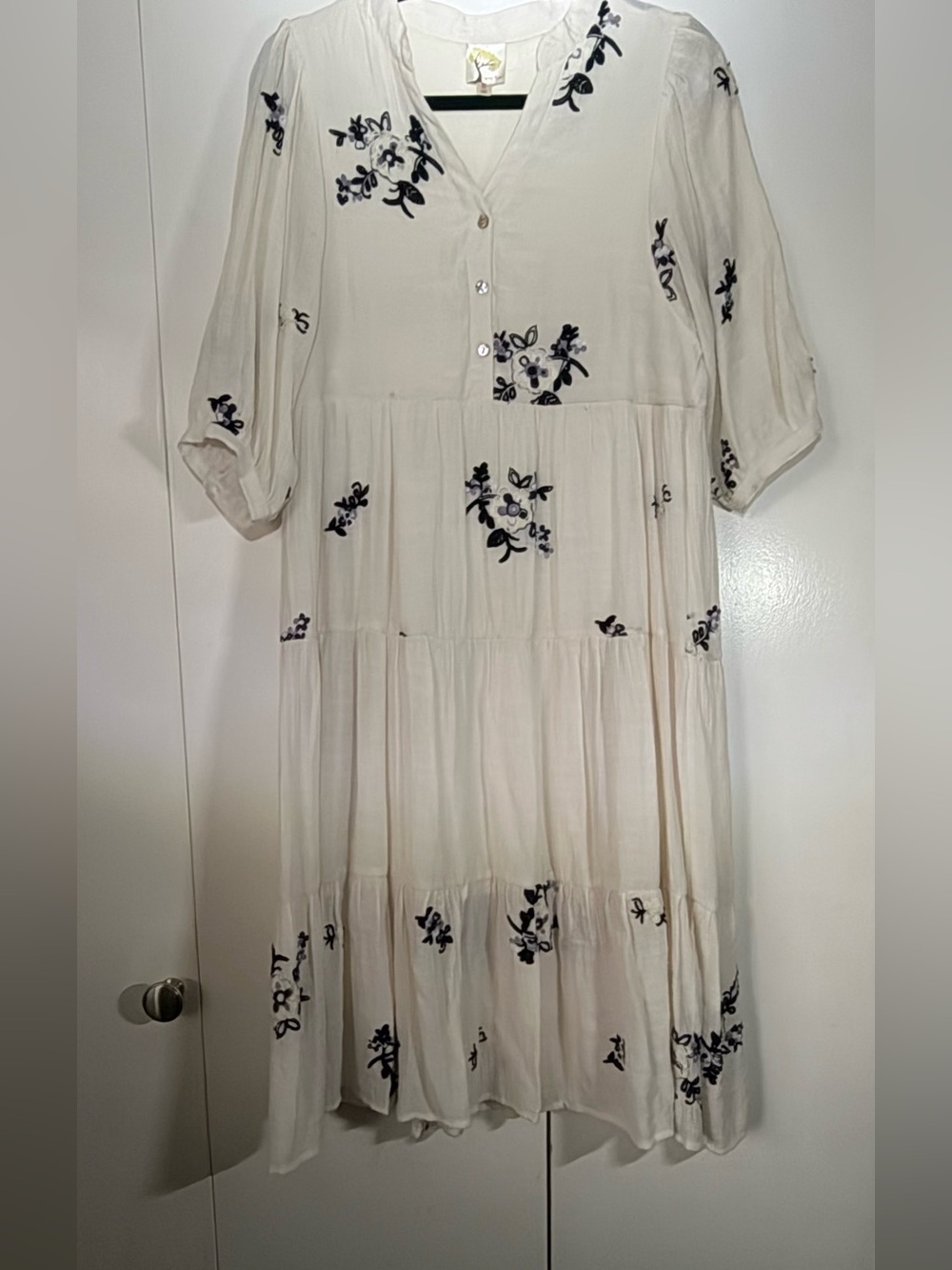 White Floral Tiered Midi Dress with Black Embroidery